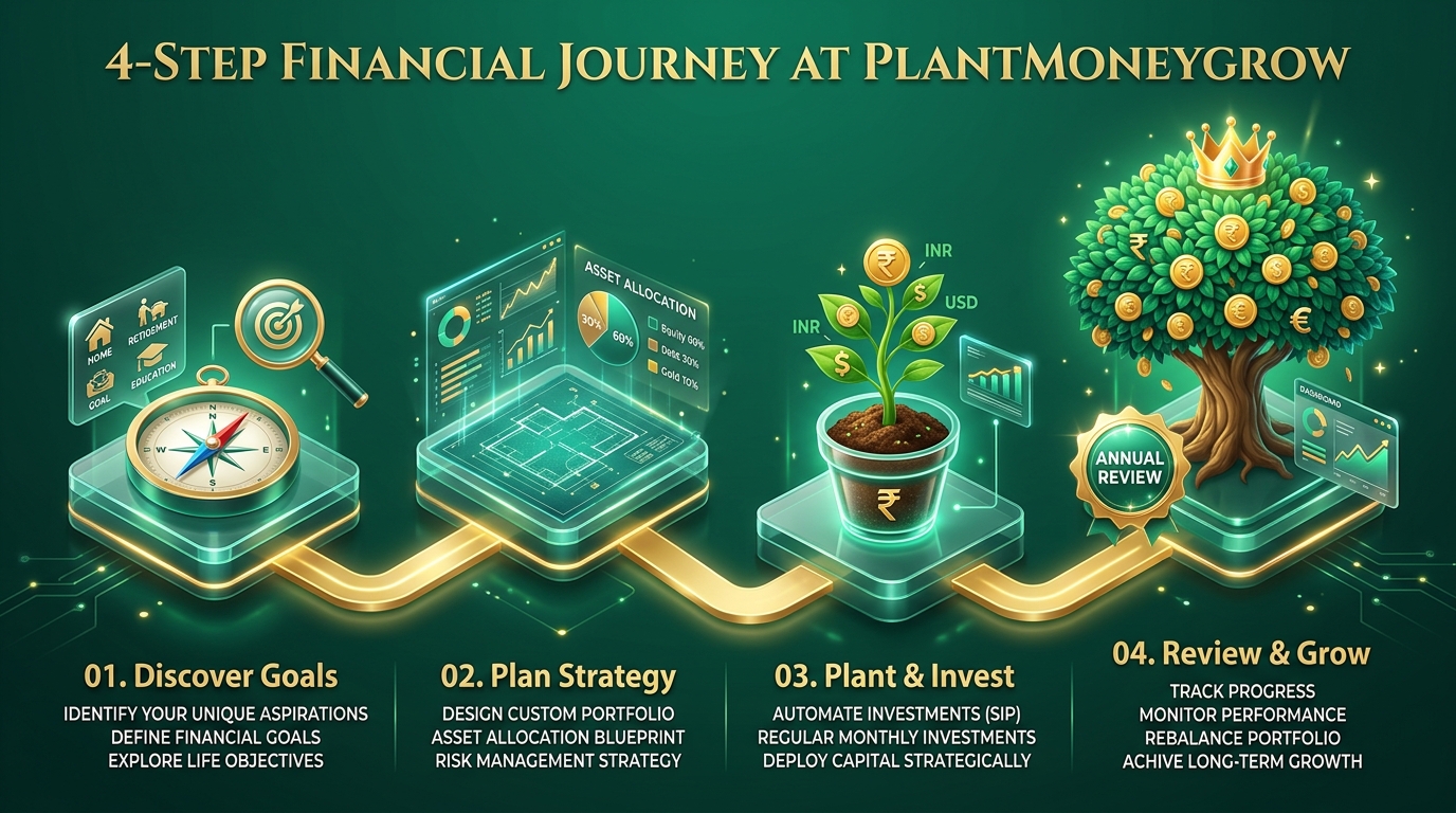 4-Step Financial Journey at PlantMoneyGrow: 01. Discover Goals, 02. Plan Strategy, 03. Plant & Invest, 04. Review & Grow